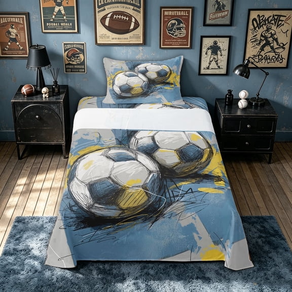 meiyoeat Art Soccer Graffiti Twin Sheets for Boys, Sketch Ball Bedding, Grey Blue, 3-Piece, 1 Flat Sheet, 1 Fitted Sheet and 1 Pillowcase