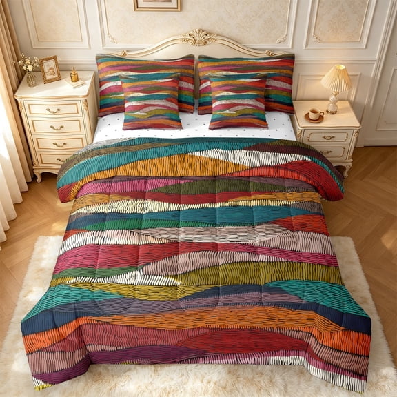 meiyoeat Artistic Abstract 7pcs Queen Bedding For Men Women,Bright Striped Bedding Comforter Set Queen,Rainbow Tones,Reversible