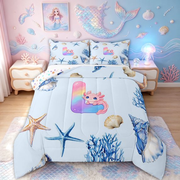 meiyoeat Axolotl Rainbow Letter L Full Size Comforter Sets for Girls, Kawaii Ocean Sea Life Bedding Comforter Set, Blue, Star Reversible, 3-Piece, 1 Comforter and 2 Pillowcases
