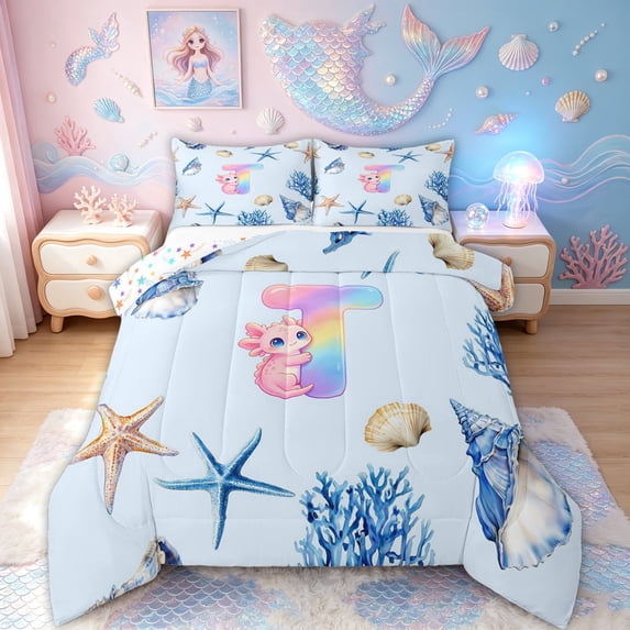 meiyoeat Axolotl Rainbow Letter T Full Size Comforter Sets for Girls, Kawaii Ocean Sea Life Bedding Comforter Set, Blue, Star Reversible, 3 Pieces, 1 Comforter and 2 Pillowcases