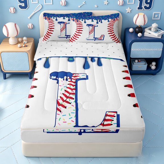 meiyoeat Ball Sport Games Zipper Full Size Comforter Sets with Fitted Sheet and 2 Pillowcases,Baseball Theme Initial Letter L Zipper Bedding Set For Boy,Reversible,4 Pieces