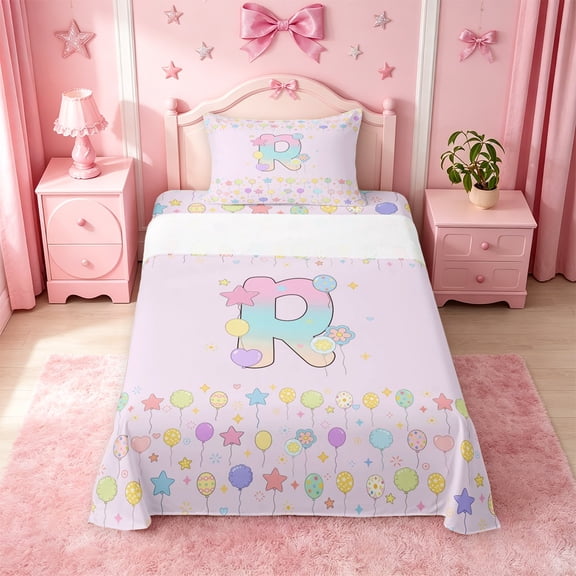 meiyoeat Balloon Pastel Monogram R Twin Sheets,Cute Rainbow Gradient Letter Design Bedding For Girl,3pcs,1 Fitted Sheet and 1 Pillowcase
