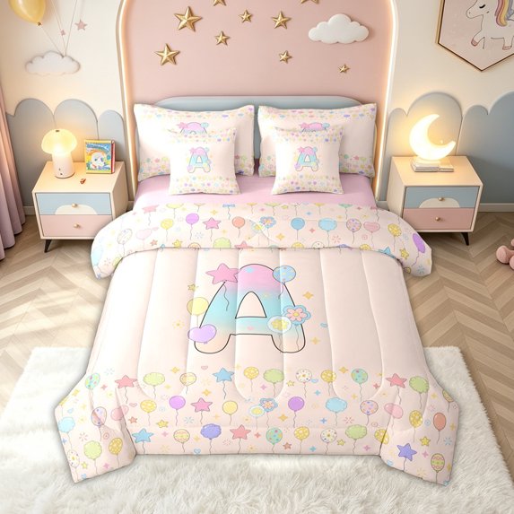 meiyoeat Balloon Star A Initial Rainbow Full Size Bedding Sets, Kawaii Party Monogram Full Size Bed in a Bag for Boys Girls, Pink Reversible, 7-Piece