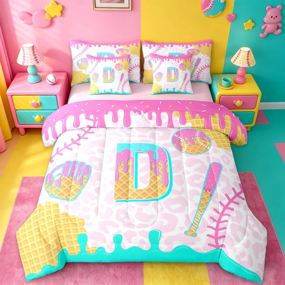 meiyoeat Baseball D Monogrammed Print 7 Pieces Bedding Comforter Set For Kids,Rainbow Ice Cream Drip Full Bedding Set For Girls,Pink Reversible