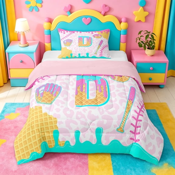 meiyoeat Baseball D Monogrammed Print Twin Comforter Sets For Kids,Rainbow Ice Cream Drip Bedding Set For Girls,Pink Reversible,2-Piece