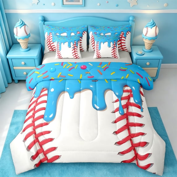 meiyoeat Baseball Ice Cream 7-Piece King Bedding For Kids,Kids Ball Games King Bed In A Bag For Boys,Light Gray Reversible