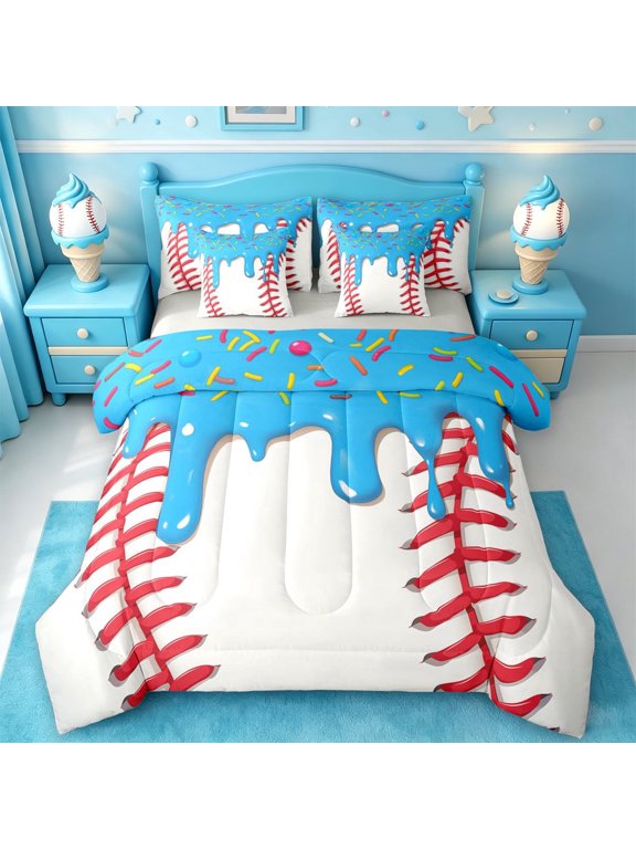 Baseball Ice Cream 7-Piece Twin Bedding For Kids,Kids Ball Games Bedding Comforter Set For Boys,Light Gray Reversible