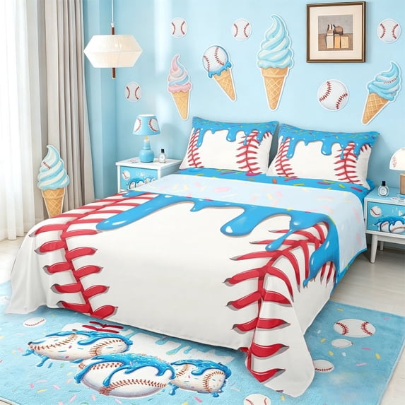 meiyoeat Baseball Ice Cream Bed Sheets For Kids,Kids Ball Games Full Size Sheets For Boys,4 Pieces