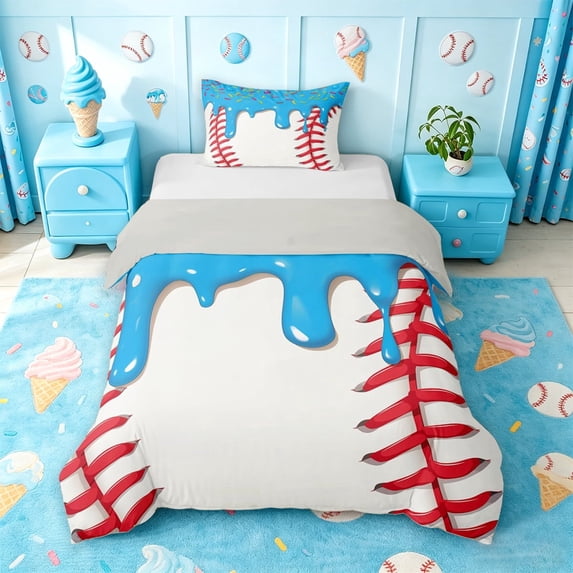 meiyoeat Baseball Ice Cream Twin Duvet Cover For Kids,Kids Ball Games Twin Bedding For Boys,Light Gray Reversible,2-Piece(No Comforter)