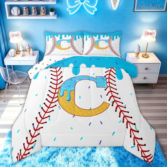 meiyoeat Baseball Letter C Full Size Comforter Sets for Boys, Kawaii Ice Cream Drip Bedding Comforter Set, Blue Yellow, Polkadot Reversible, 3pcs, 1 Comforter and 2 Pillowcases