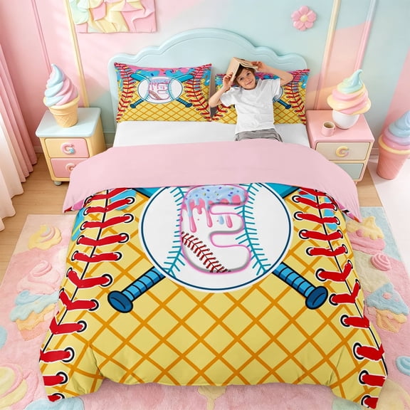 meiyoeat Baseball Letter E Duvet Cover Set For Kids,Multicolor Ice Cream Drip Bedding Full For Ball Gaming Lover,pink Reversible,3pcs(No Comforter)