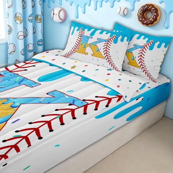meiyoeat Baseball Letter K Zipper Twin Comforter Sets with Fitted Sheet and 2 Pillowcases for Boys, Kawaii Ice Cream Drip Zipper Bedding Set, Blue Yellow, Polkadot Reversible, 4 Pieces