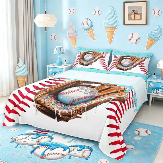 meiyoeat Baseball Sport Gloves Bed Sheets For Boys,Blue Ice Cream Drip Full Size Sheets For Kids,4-Piece