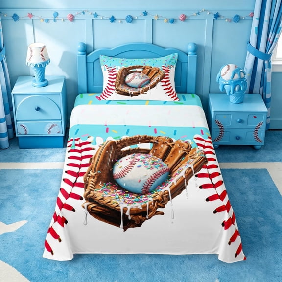 meiyoeat Baseball Sport Gloves Twin Sheets For Boys,Blue Ice Cream Drip Bedding For Kids,3pcs