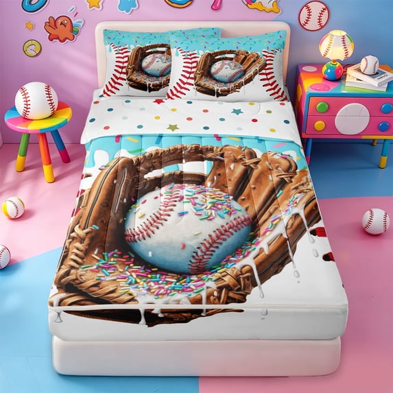 meiyoeat Baseball Sport Gloves Zipper Twin Comforter Sets with Fitted Sheet and 2 Pillowcases For Boys,Blue Ice Cream Drip Zipper Bedding Set For Kids,Polkadot Reversible,4-Piece