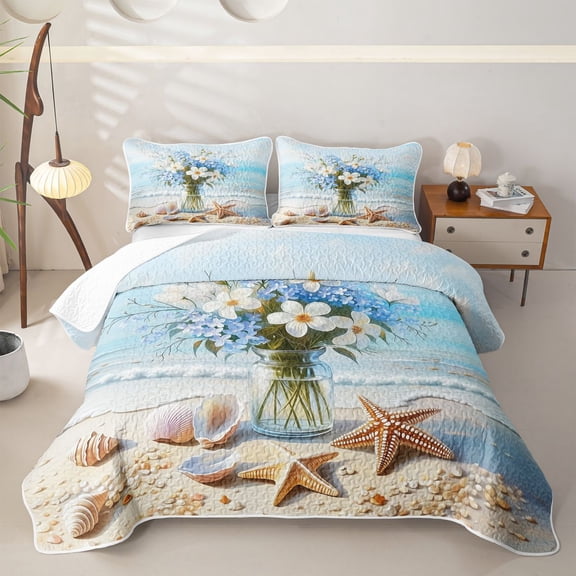 meiyoeat Beach Floral Vase Twin Quilt Set For Boys,Shell Print Twin Coverlet Set,2-Piece