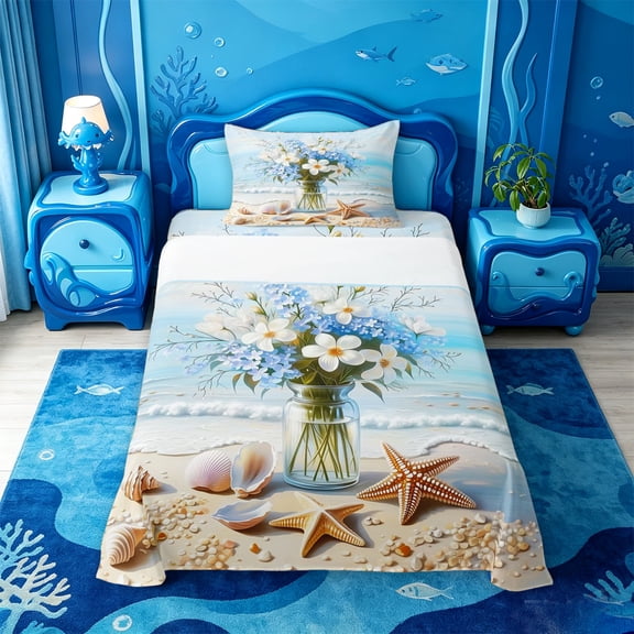 meiyoeat Beach Floral Vase Twin Sheets For Boys,Shell Print Bedding,3 Pieces,1 Fitted Sheet and 1 Pillowcase