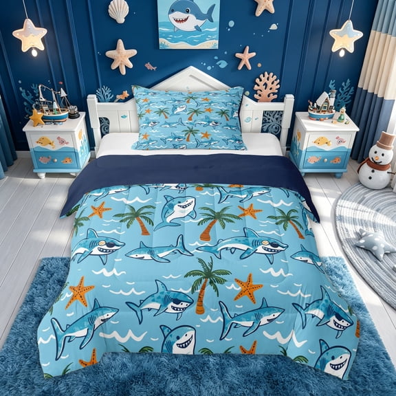 meiyoeat Beach Vacation Shark Starfish Twin Comforter Sets for Kids Boys Girls, Summer Palm Tree Bedding Set, Blue, Blue Reversible, 2pcs, 1 Comforter and 1 Pillowcase