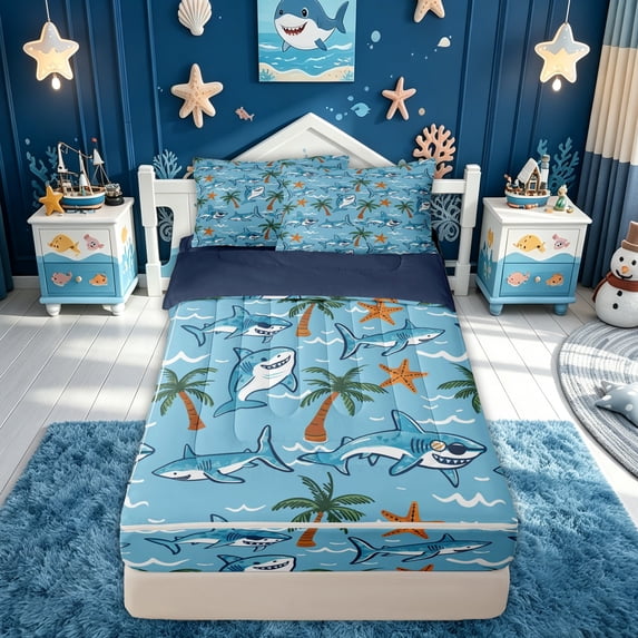 meiyoeat Beach Vacation Shark Starfish Zipper Comforter Set with Fitted Sheet and 2 Pillowcases for Kids Boys Girls, Summer Palm Tree Zipper Bedding Set, Blue, Blue Reversible, 3pcs