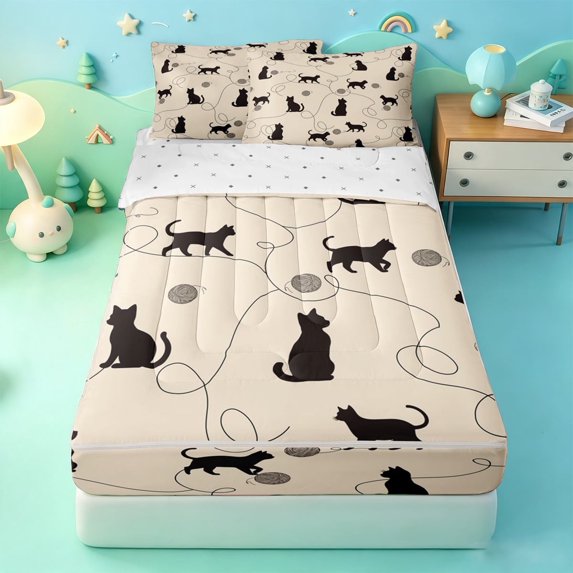 meiyoeat Beige Cat Silhouette Pattern Zipper Full Size Comforter Sets with Fitted Sheet and 2 Pillowcases,Minimal Print Zipper Bedding Set For Girl,Reversible,4pcs