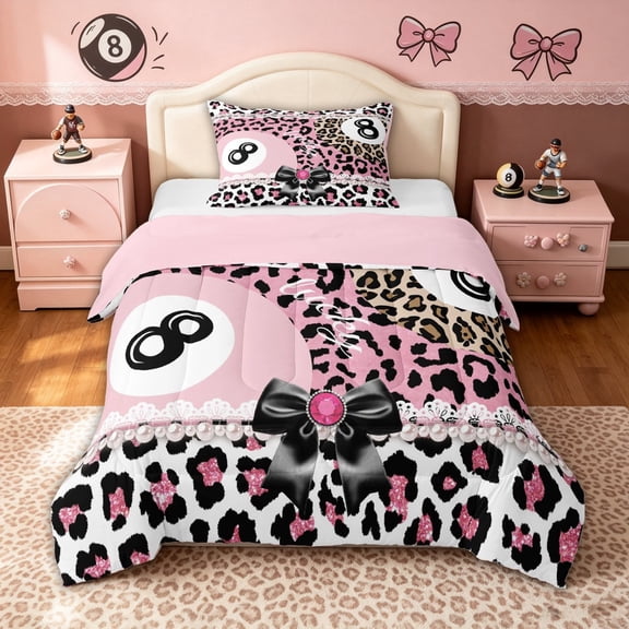 meiyoeat Billiards Lucky 8 Twin Comforter Sets for Girls, Bow Pearl Pink Leopard Print Bedding Set, Pink Reversible, 2 Pieces, 1 Comforter and 1 Pillowcase