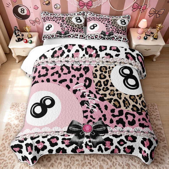 meiyoeat Billiards Lucky 8 Twin Quilt Set for Girls, Bow Pearl Pink Leopard Print Twin Coverlet Set, 2 Pieces, 1 Comforter and 1 Pillowcase