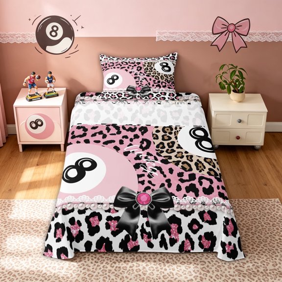 meiyoeat Billiards Lucky 8 Twin Sheets for Girls, Bow Pearl Pink Leopard Print Bedding, 3 Pieces, 1 Flat Sheet, 1 Fitted Sheet and 1 Pillowcase