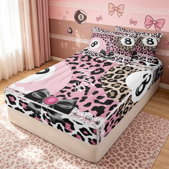 meiyoeat Billiards Lucky 8 Zipper Twin Comforter Sets with Fitted Sheet and 2 Pillowcases for Girls, Bow Pearl Pink Leopard Print Zipper Bedding Set, Pink Reversible, 4 Pieces