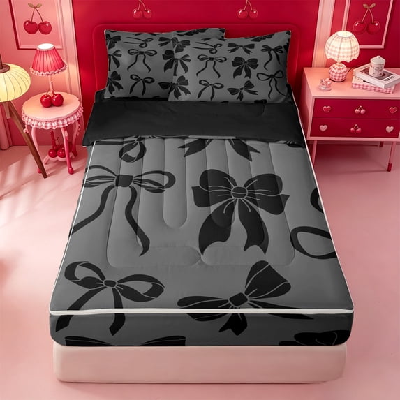meiyoeat Black Bow Zipper Full Size Comforter Sets with Fitted Sheet and 2 Pillowcases For Girls,Cute Coquette Bowknot Zipper Bedding Set For Kids,Black Reversible,4-Piece