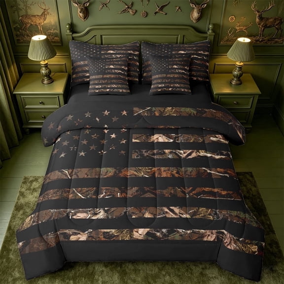 meiyoeat Black Camo Flag 7pcs Queen Bedding, Gold Star Hunting Print Bedding Comforter Set Queen For Boys Kids,Black Reversible