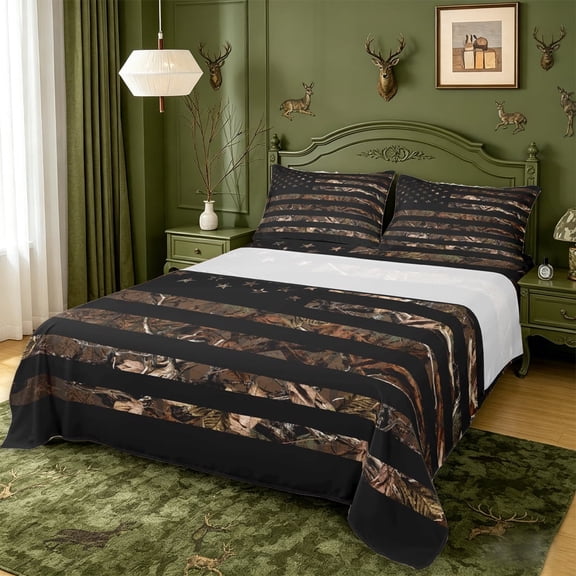 meiyoeat Black Camo Flag King Sheets, Gold Star Hunting Print Bedding For Boys Kids,4 Pieces