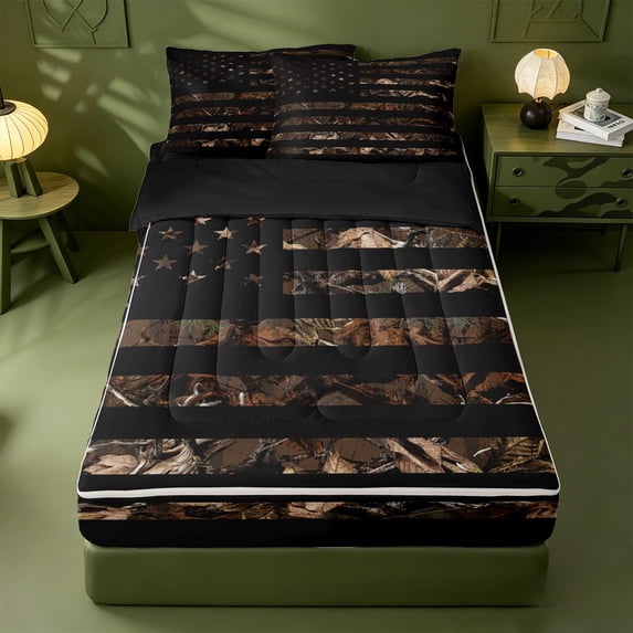 meiyoeat Black Camo Flag Zipper Full Size Comforter Sets with Fitted Sheet and 2 Pillowcases, Gold Star Hunting Print Zipper Bedding Set For Boys Kids,Black Reversible,4 Pieces