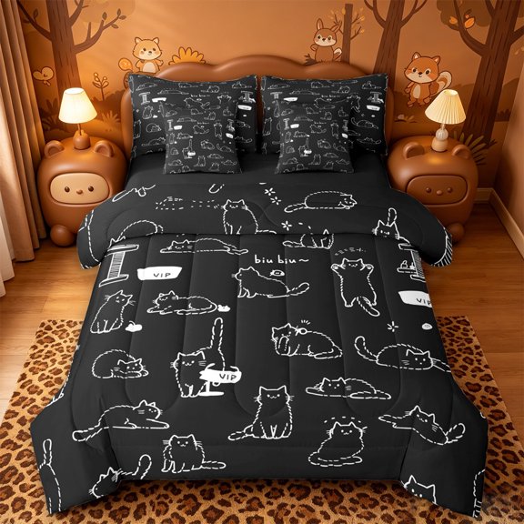 meiyoeat Black Cat Line Art 7-Piece Twin Bedding,Simple Kitten Pattern Bedding Comforter Set For Girl,Reversible