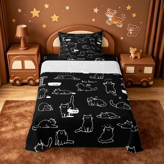 meiyoeat Black Cat Line Art Twin Sheets,Simple Kitten Pattern Bedding For Girl,3pcs,1 Fitted Sheet and 1 Pillowcase