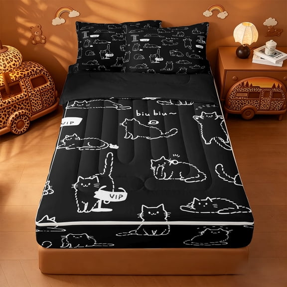 meiyoeat Black Cat Line Art Zipper Twin Comforter Sets with Fitted Sheet and 2 Pillowcases,Simple Kitten Pattern Zipper Bedding Set For Girl,Reversible,4-Piece