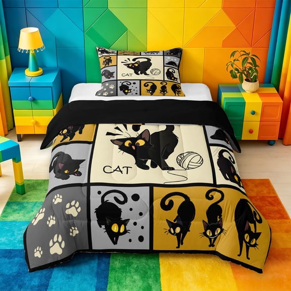 meiyoeat Black Cat Patchwork Pattern Twin Comforter Sets For Boys,Cute Kitten Print Bedding Set,Reversible,2-Piece,1 Comforter and 1 Pillowcase