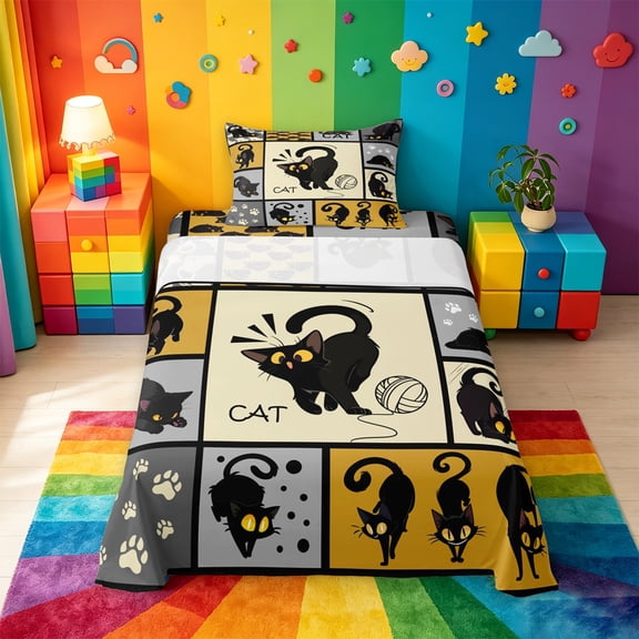 meiyoeat Black Cat Patchwork Pattern Twin Sheets For Boys,Cute Kitten Print Bedding,3-Piece,1 Fitted Sheet and 1 Pillowcase