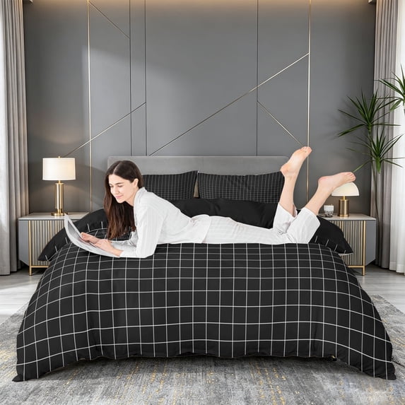 meiyoeat Black Checkered Grid Duvet Cover Queen For Kids,Modern Geometric Print Queen Bedding For Adults,Black Reversible,3-Piece(No Comforter)