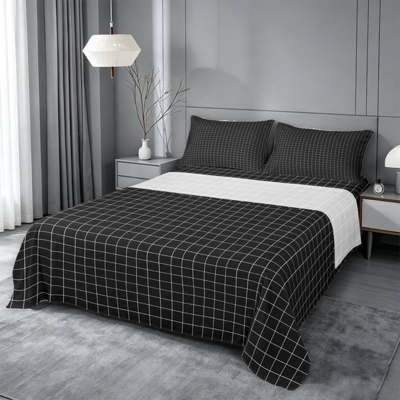 meiyoeat Black Checkered Grid Queen Sheets For Kids,Modern Geometric Print Queen Sheet Sets For Adults,4-Piece