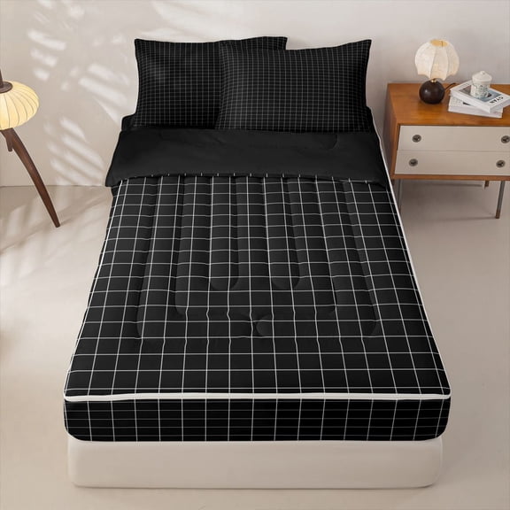 meiyoeat Black Checkered Grid Zipper Twin Comforter Sets with Fitted Sheet and 2 Pillowcases For Kids,Modern Geometric Print Zipper Bedding Set For Adults,Black Reversible,4-Piece
