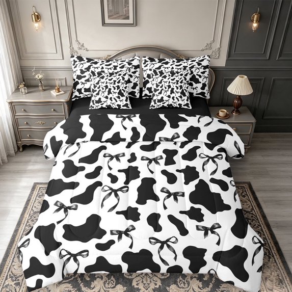 meiyoeat Black Cow Print 7 Pieces Full Size Bedding Sets,Princess Ribbon Bows Full Size Bed in a Bag,Black Reversible