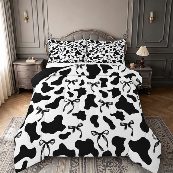 meiyoeat Black Cow Print Full Size Comforter Sets,Princess Ribbon Bows Bedding Comforter Set,Black Reversible,3-Piece,1 Comforter and 2 Pillowcases