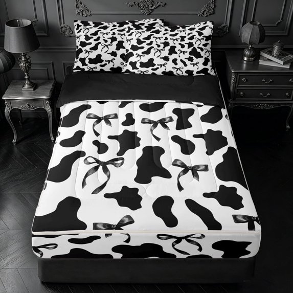 meiyoeat Black Cow Print Zipper Full Size Comforter Sets with Fitted Sheet and 2 Pillowcases,Princess Ribbon Bows Zipper Bedding Set,Black Reversible,4-Piece