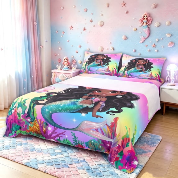 meiyoeat Black Fairy Mermaid Bed Sheets for Girls Boys Girls, Rainbow Galaxy Animal Full Size Sheets, Pink Blue, 4 Pieces, 1 Flat Sheet, 1 Fitted Sheet and 2 Pillowcases