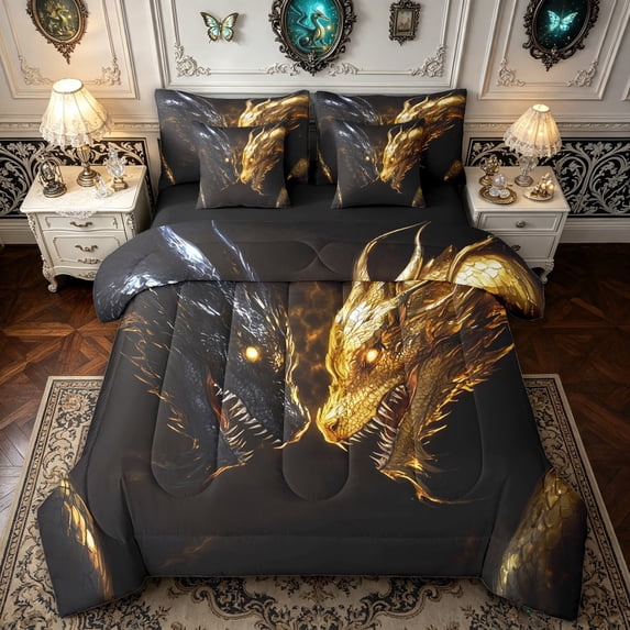 meiyoeat Black Gold Dragons Twin Bedding for Men Women Boys, Mystic Flame Wildlife Bedding Comforter Set, Black Gold, Black Reversible, 7 Pieces