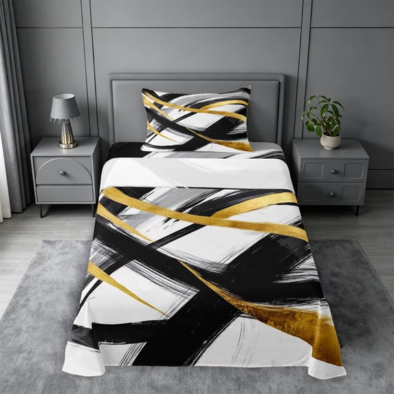 meiyoeat Black Gold Graffiti Twin Sheets For Kids,Modern Abstract Geometric Bedding For Adults,3-Piece