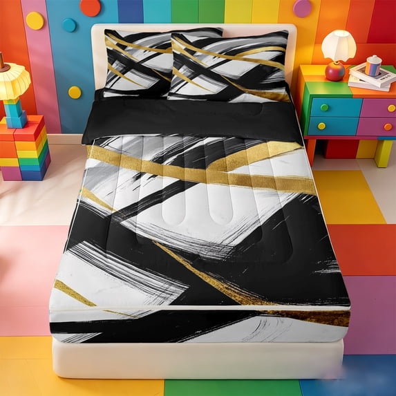 meiyoeat Black Gold Graffiti Zipper Full Size Comforter Sets with Fitted Sheet and 2 Pillowcases For Kids,Modern Abstract Geometric Zipper Bedding Set For Adults,Black Reversible,4 Pieces