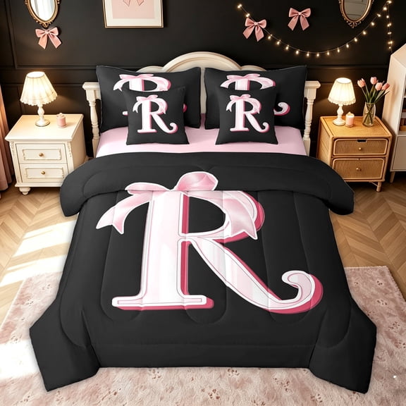 meiyoeat Black Pink Letter R Twin Bedding for Kids Girls, Kawaii Princess Bow Monogram Bedding Comforter Set, Pink Reversible, 7pcs