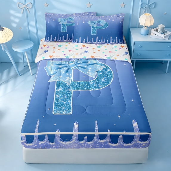 meiyoeat Bling Bowknot Monogram P Zipper Full Size Comforter Sets With Fitted Sheet And 2 Pillowcases,Blue Cream Drip Initial Theme Zipper Bedding Set For Girl,Colorful Stars Reversible,4 Pieces