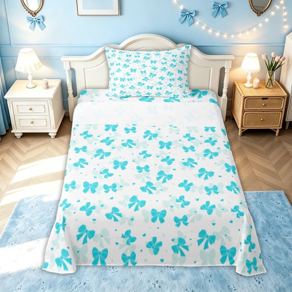 meiyoeat Blue Bow Twin Sheets for Kids Girls, Watercolor Ribbon Bedding for Bedroom, Turquoise, 3pcs